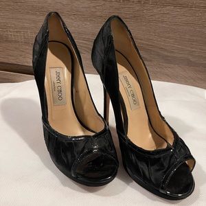 Jimmy Choo black pleated satin peep toe heels